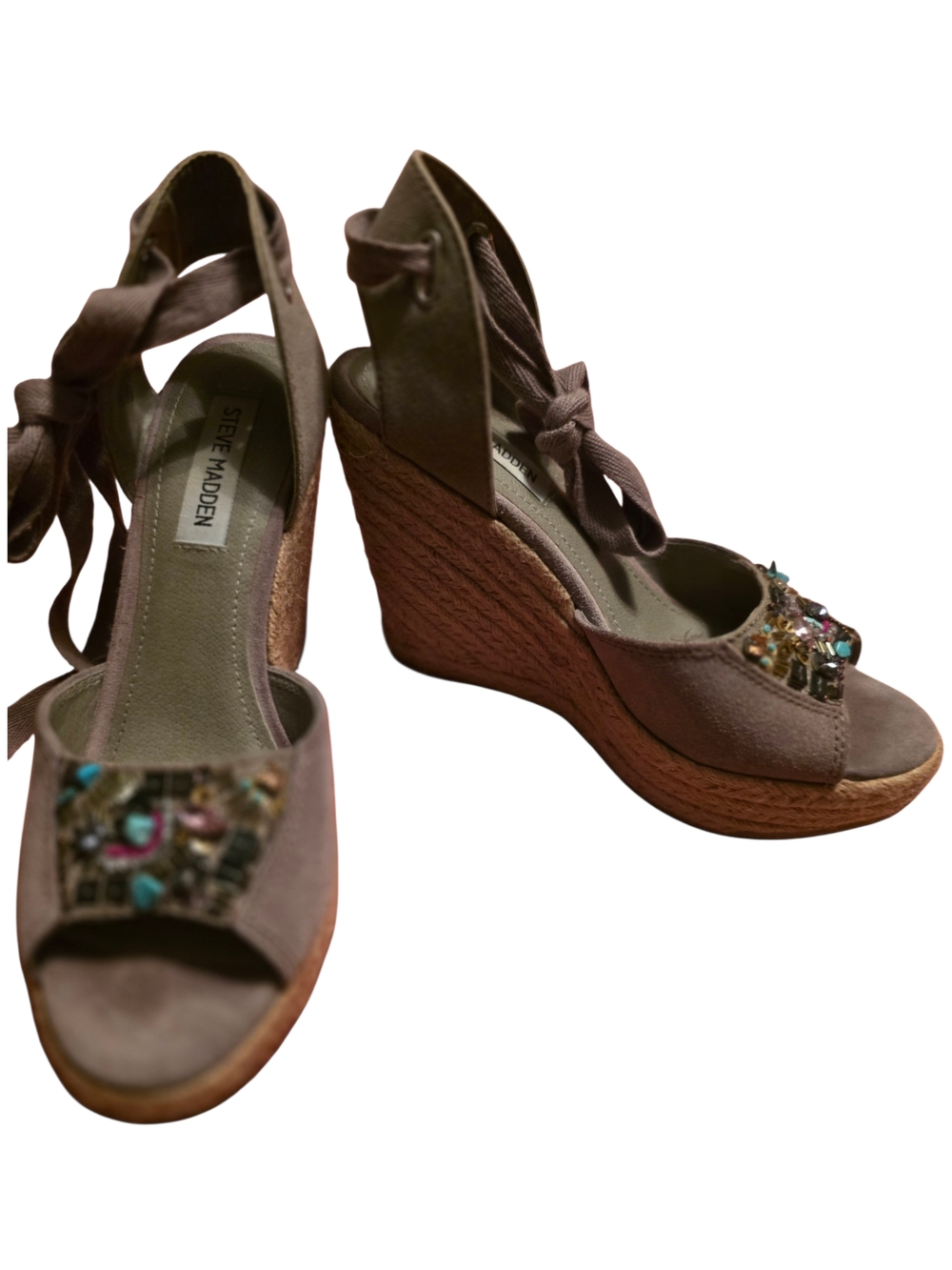 Steve Madden Taupe Suede Jeweled Espadrille Wedge Sandals Chryslis 8
